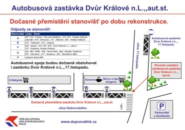 Dočasné přemístění autobusových zastávek ve Dvoře Králové n.L., výlukové jízdní řády